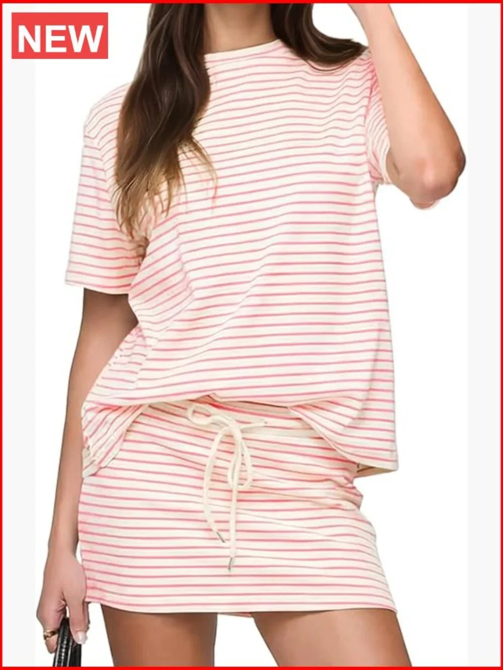 Women's 2 Piece Striped Mini Skirt and Top Set Short Sleeve Matching Skort Set